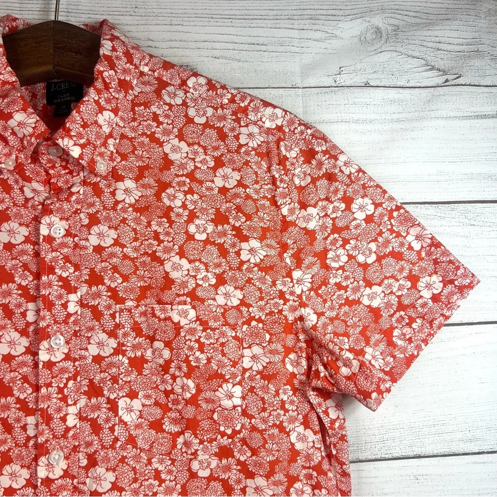 J. Crew Mens Orange White Floral Button Down Shirt Size M Flex Washed Slim Beach